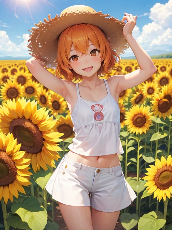 Anime illustration of a young girl with orange hair, super short andPerm-curled, wearing a white tank top shirt and hot pants, showcasing a delicate and body, with a low center of gravity. In the image, known as an anime no kiri (cut-out), the girl is depicted at five years old, radiating energy and joy with a big smile on her face. She leans forward, looking directly at the viewer, her expression full of excitement and warmth. The scene is set in a sunflower field, with the sun casting an angle from below, highlighting the golden hues of the flowers and the girl's straw hat. The image, rendered in photoreal