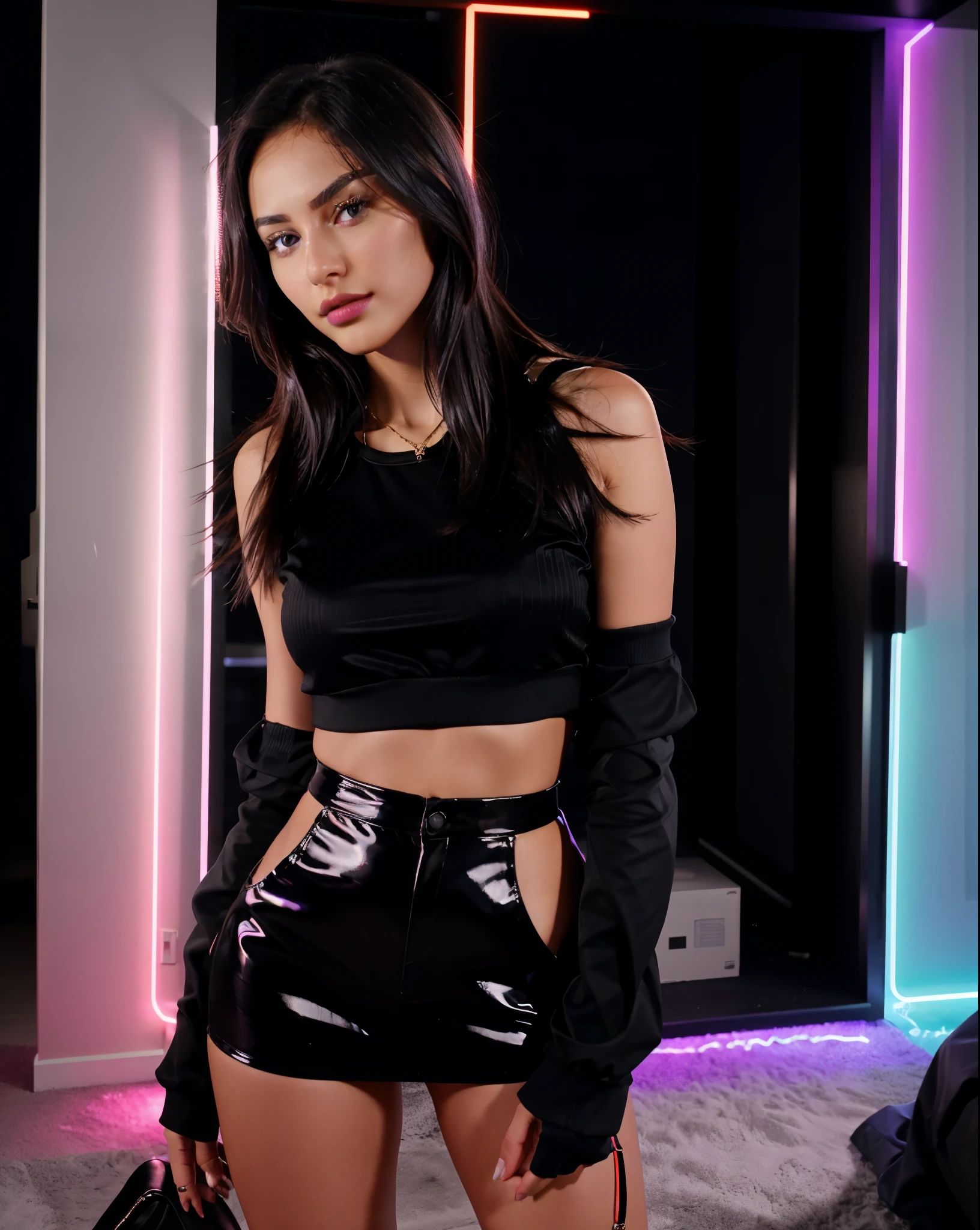 background should be at night time with neons at the back, RAW photo, iPhone, HDR, Flirting with the viewer, wearing provocative clothes