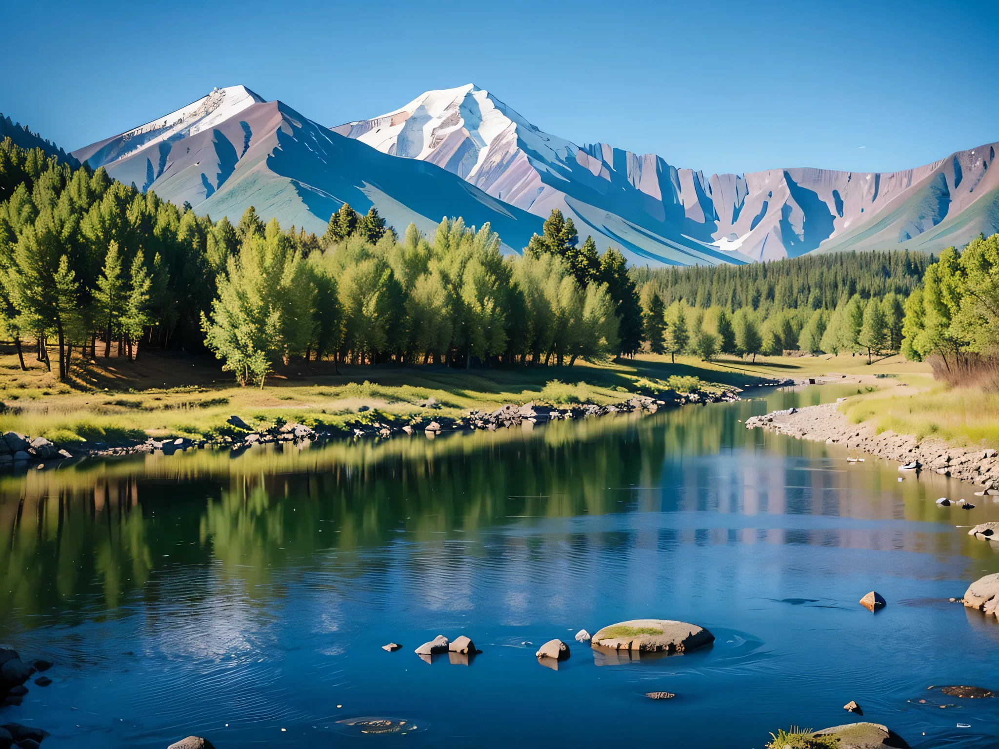 create image Vibrant, mongolian natur, montain river trees, watercolor painting