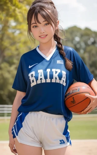 cowboy shot,looking at viewer,dribbling a basketball,,smile,sportswear for basketball, adorable, japanese girl, Hair brown hair,Braid, hair scrunchie, (high color saturation:1.0), highest quality, ultra high resolution, photo-realistic, Super detailed, 8K, RAW photo NSFW