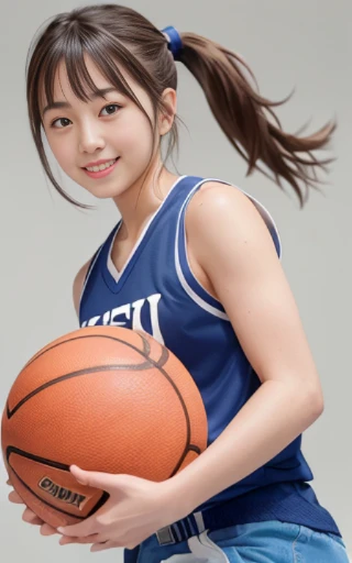 upper body,looking side,dribbling a basketball,,smile,sportswear for basketball, adorable, japanese girl, Hair brown hair,Braid, hair scrunchie, (high color saturation:1.0), highest quality, ultra high resolution, photo-realistic, Super detailed, 8K, RAW photo NSFW