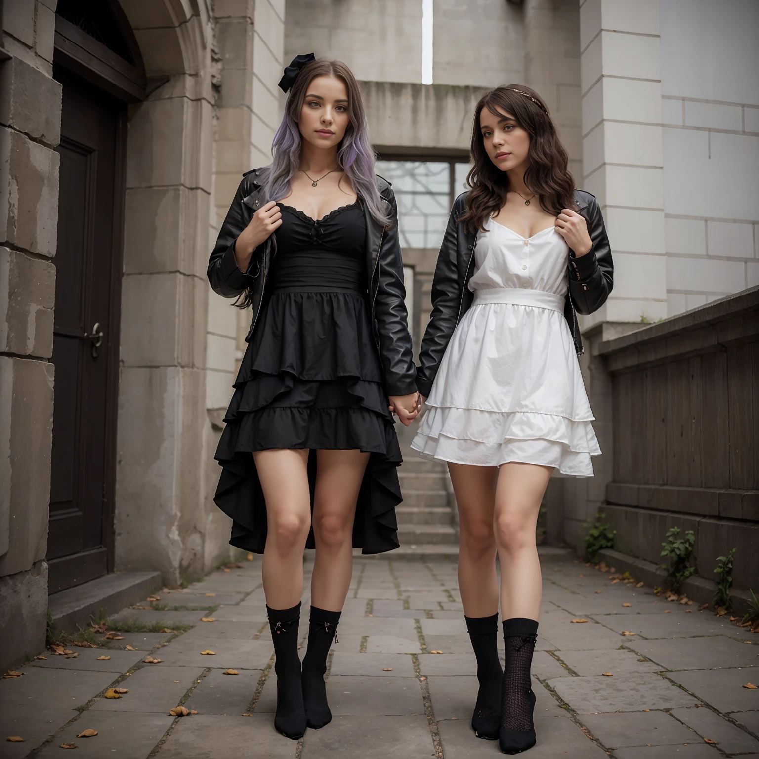 Frau in Gothic-Kleidung, schwarzes Haar, lila Spitzen, ((Ombre Haar)), Spitzenhalsband, (Korsett), Jacke, Lederhandschuhe, layered ruffle dress, Unterrock aus Spitze, kniehohe Stiefel, Socks, tapes, Full body