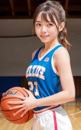 cowboy shot,looking side,dribbling a basketball,,smile,sportswear for basketball, adorable, japanese girl, Hair brown hair,Braid, hair scrunchie, (high color saturation:1.0), highest quality, ultra high resolution, photo-realistic, Super detailed, 8K, RAW photo NSFW
