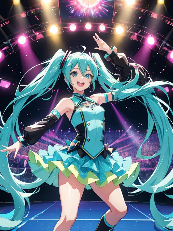 Hatsune Miku, smile, sexy, ,colorful anime,beautiful detailed eyes,flowing turquoise hair,dancing and singing,glowing stage lights,futuristic setting,vibrant background,high res artwork,sparkling costume,ethereal,lovely smile,magical atmosphere,holographic projection,energetic performance,vivid colors,stylized motion,adorable appearance,playful poses,project diva,worldwide sensation,pop music icon,iconic twin-tail hairstyle,digital pop star,celebrity status,music concert,celebration of creativity,exciting atmosphere,joyful audience,engaging performance,memorable experience,visual spectacle,technological marvel,electronic music,engaging beats,melodious vocals,interactive experience,unforgettable moments,happy fans,explosive energy.