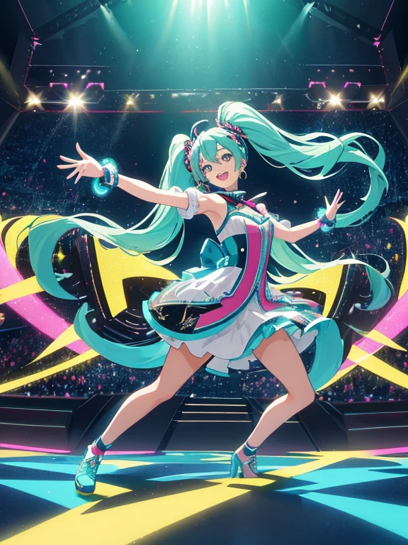 Hatsune Miku, smile, sexy, ,colorful anime,beautiful detailed eyes,flowing turquoise hair,dancing and singing,glowing stage lights,futuristic setting,vibrant background,high res artwork,sparkling costume,ethereal,lovely smile,magical atmosphere,holographic projection,energetic performance,vivid colors,stylized motion,adorable appearance,playful poses,project diva,worldwide sensation,pop music icon,iconic twin-tail hairstyle,digital pop star,celebrity status,music concert,celebration of creativity,exciting atmosphere,joyful audience,engaging performance,memorable experience,visual spectacle,technological marvel,electronic music,engaging beats,melodious vocals,interactive experience,unforgettable moments,happy fans,explosive energy.