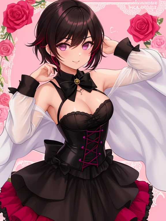 Ruby Rose, RWBY, Solo, de cerca, retrato, mirando al espectador, Come here, Sonrisa seductora, Cara traviesa, labios, pelo multicolor, pelo de dos tonos, cabello degradado, pelo negro, cabello corto, Puntas de colores, pelo de punta, ojos grises, ojos brillantes, aureola, bronceado, biceps, tonificado, sombra de ojos negra, corset, Capa roja, obra maestra, natural lighting, fotorrealista, ojos bonitos, piel suave, Sharp focus, muy detallado, Mejor calidad, ultra detallado, absurdos, ojos extremadamente detallados