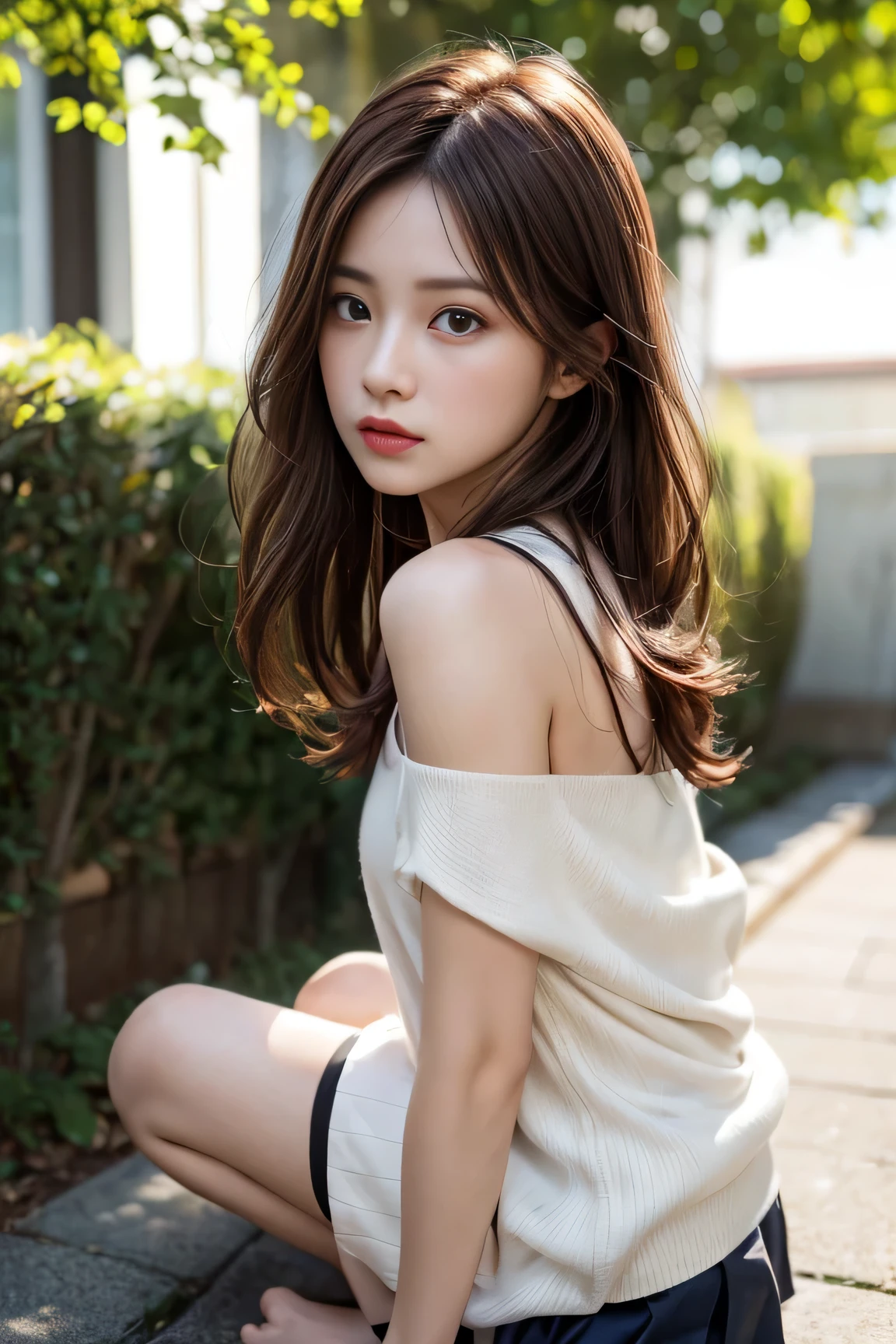 Best image quality, masterpiece level, ultra-high resolution, realism, facial details, a girl, single, auburn hair flowing over shoulders, full body,  no clothing on top, short skirt on bottom, small breasted,get detailed outdoor lighting and movie lighting, increase detailed overall ambient light, face and eye details, improve the realism of body details, clearly express sharp focus, expressionless, white clothes, burgundy hair, bright eyes, simple background.