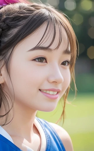 face close-up,looking away,dribbling a basketball,,smile,sportswear for basketball, adorable, japanese girl, Hair brown hair,Braid, hair scrunchie, (high color saturation:1.0), highest quality, ultra high resolution, photo-realistic, Super detailed, 8K, RAW photo NSFW
