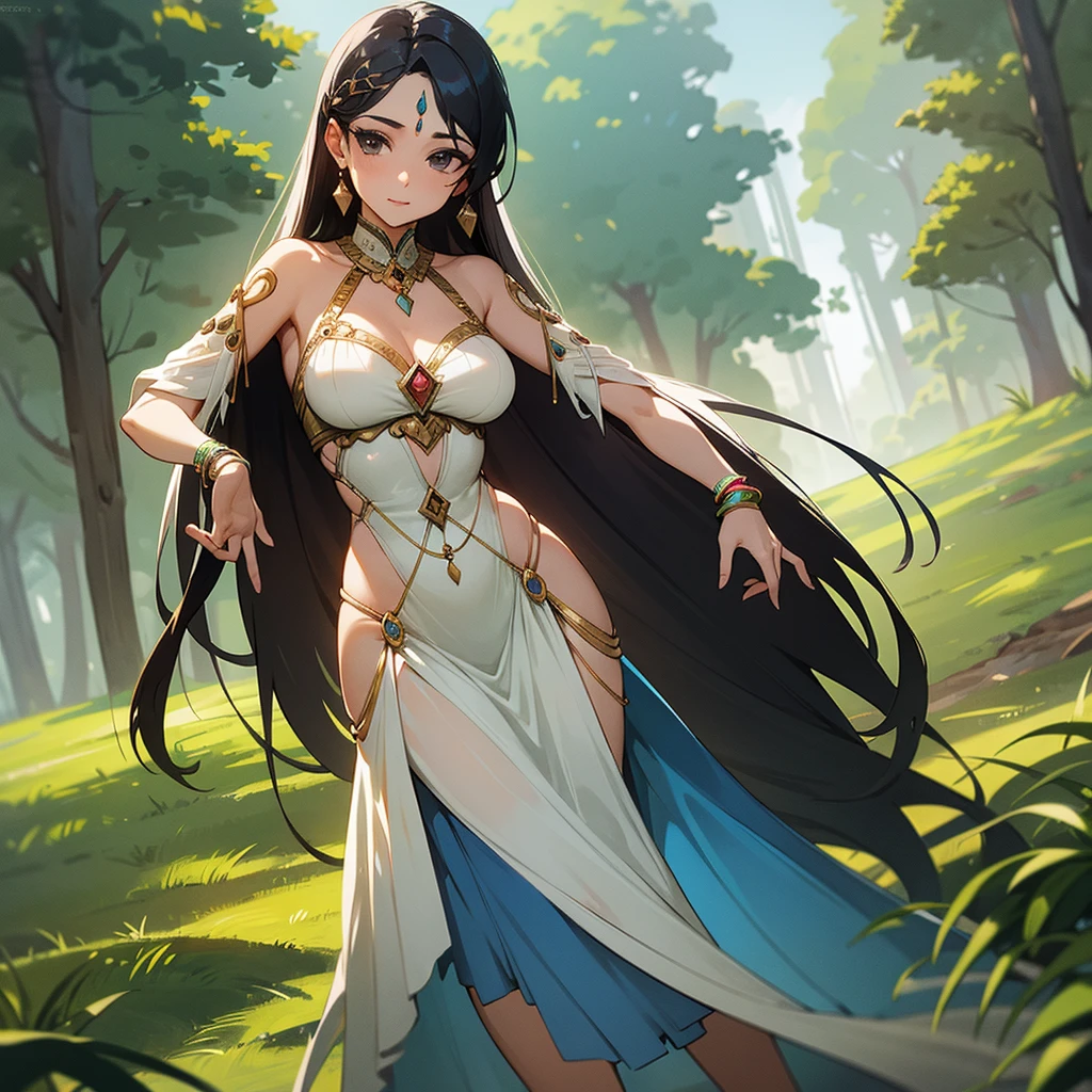 Anime Style,Nostalgic,Detailed background,The medieval world,A palace-like cave,A beautiful elf bard with black hair and a smile,Large Breasts,Healthy thighs,Underarm,M-shaped legs