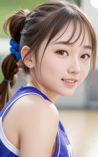 face close-up,looking back,dribbling a basketball,,smile,sportswear for basketball, adorable, japanese girl, Hair brown hair,Braid, hair scrunchie, (high color saturation:1.0), highest quality, ultra high resolution, photo-realistic, Super detailed, 8K, RAW photo NSFW