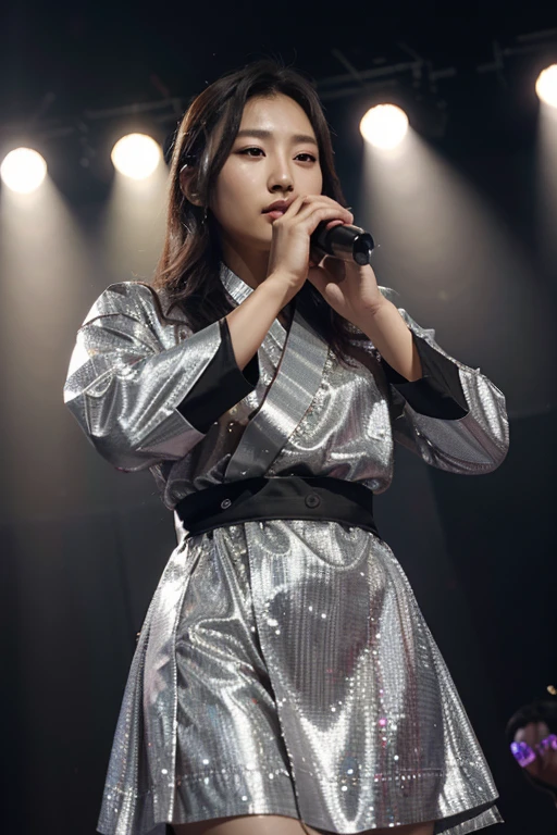 noite deslumbrante no palco, renomado cantor coreano de K-pop, enveloped in an aura of elegance and brilliance. Its presence is magnetic, com um traje meticulosamente adornado com pedras cintilantes que refletem a luz do palco.