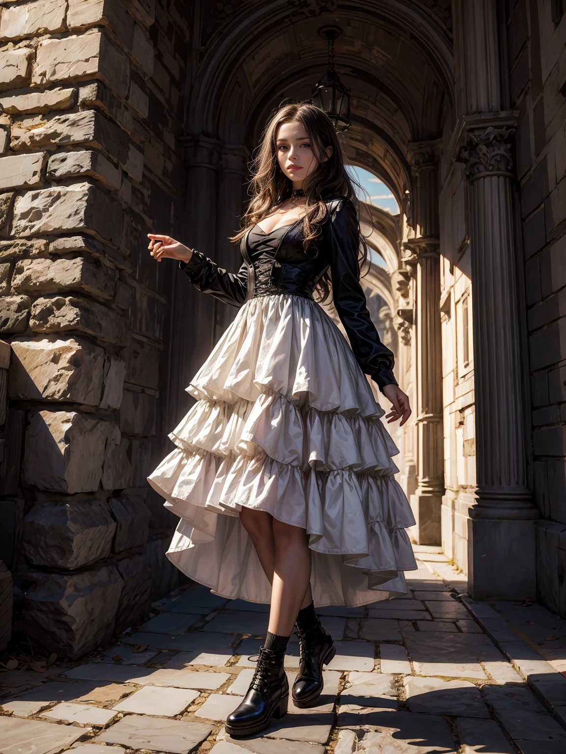 Frau in Gothic-Kleidung, schwarzes Haar, lila Spitzen, ((Ombre Haar)), Spitzenhalsband, (Korsett), Jacke, Lederhandschuhe, layered ruffle dress, Unterrock aus Spitze, kniehohe Stiefel, Socks, tapes, Full body