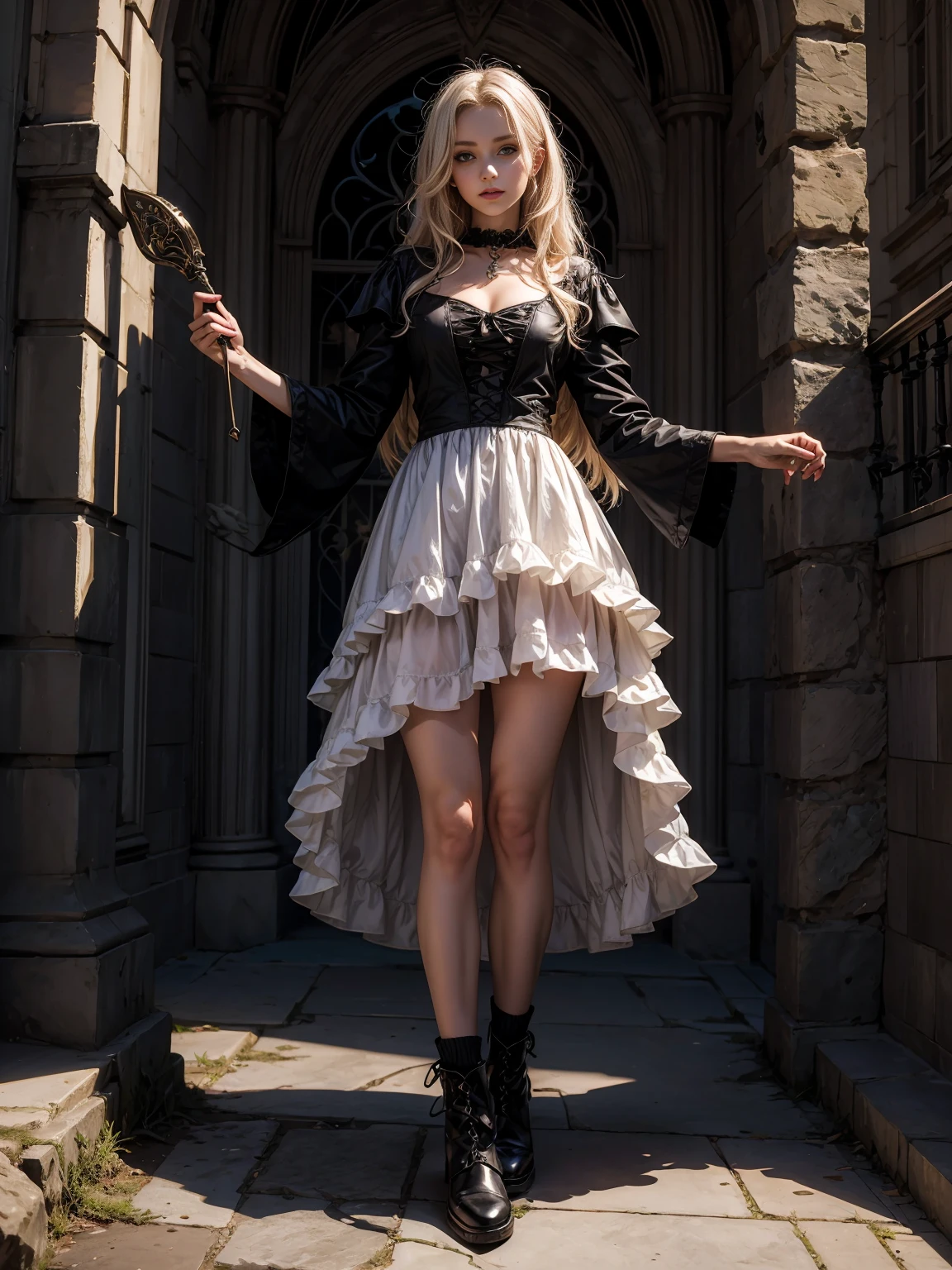 Frau in Gothic-Kleidung, schwarzes Haar, lila Spitzen, ((Ombre Haar)), Spitzenhalsband, (Korsett), Jacke, Lederhandschuhe, layered ruffle dress, Unterrock aus Spitze, kniehohe Stiefel, Socks, tapes, Full body