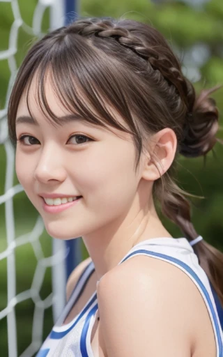 head shot,looking up,dribbling a basketball,,smile,sportswear for basketball, adorable, japanese girl, Hair brown hair,Braid, hair scrunchie, (high color saturation:1.0), highest quality, ultra high resolution, photo-realistic, Super detailed, 8K, RAW photo NSFW
