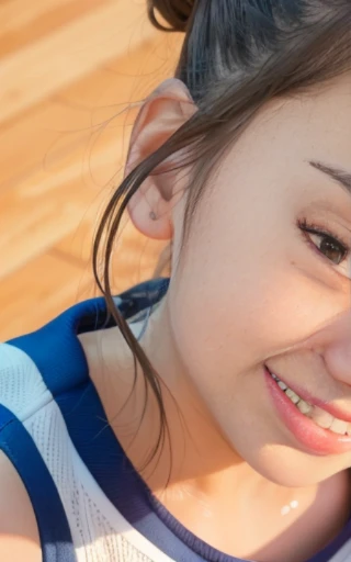 face close-up,looking up,dribbling a basketball,,smile,sportswear for basketball, adorable, japanese girl, Hair brown hair,Braid, hair scrunchie, (high color saturation:1.0), highest quality, ultra high resolution, photo-realistic, Super detailed, 8K, RAW photo NSFW