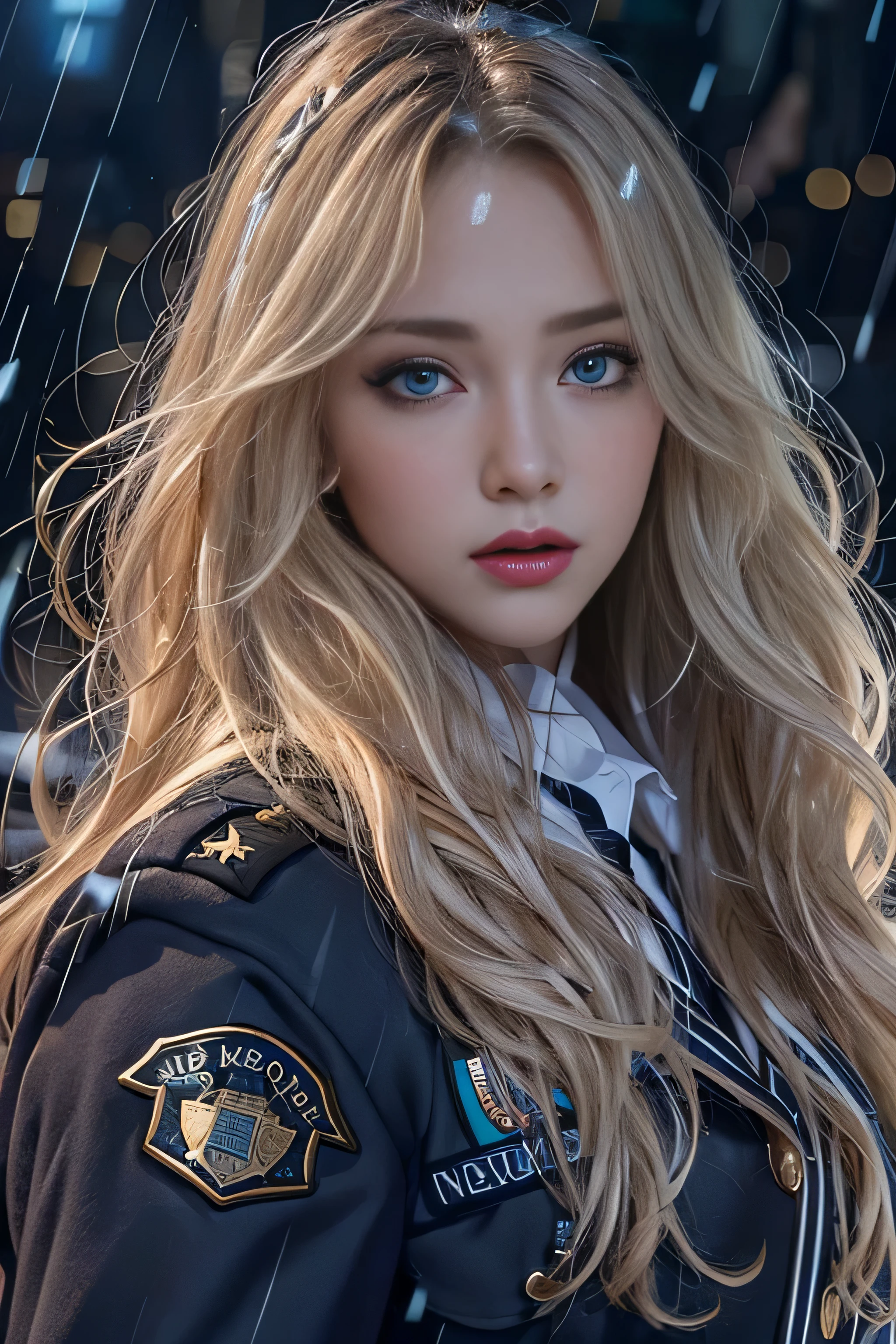 1 female、(american beauty:1.2)、(alone)、(super beautiful)、(beautiful face:1.5)、(detailed face:1.5)、(lipstick:1.1)、(eyeliner:1.2)、mascara、eye shadow、sex appeal、blue eyes、(blonde hair)、wavy hair、asymmetrical bangs、(new york police uniform:1.5)、(wear a uniform jacket:1.5)、(that&#39;it&#39;s raining:1.2)、street at night、Backlight、(medium shot:1.2)