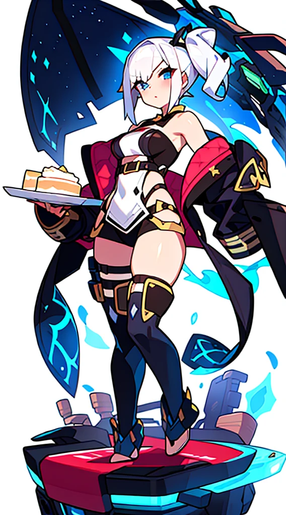 bustier, (((white background))), standing, fantasy clothes, thigh high, short jacket, bare arms, food, bare shoulders, bare hands,