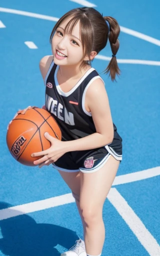 full body,looking up,dribbling a basketball,,smile,sportswear for basketball, adorable, japanese girl, Hair brown hair,Braid, hair scrunchie, (high color saturation:1.0), highest quality, ultra high resolution, photo-realistic, Super detailed, 8K, RAW photo NSFW
