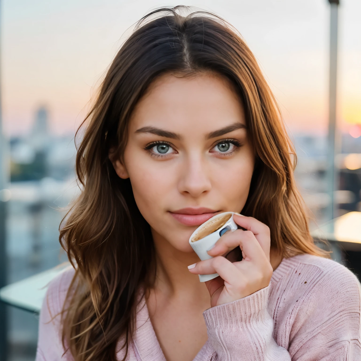 beautiful blonde wearing pink sweater (sipping coffee inside a modern café at sunset), very detailed, 21 years old, innocent face, natural wavy hair, blue eyes, high resolution, masterpiece, best quality, intricate details, highly detailed, sharp focus, detailed skin, realistic skin texture, texture, detailed eyes, professional, 4k, charming smile, shot on Canon, 85mm, shallow depth of field, kodak vision color, perfect fit body, extremely detailed, foto_\(ultra\), photorealistic, realistic, post-processing, maximum detail, roughness, real life, ultra realistic, photorealism, photography, 8k uhd, photography