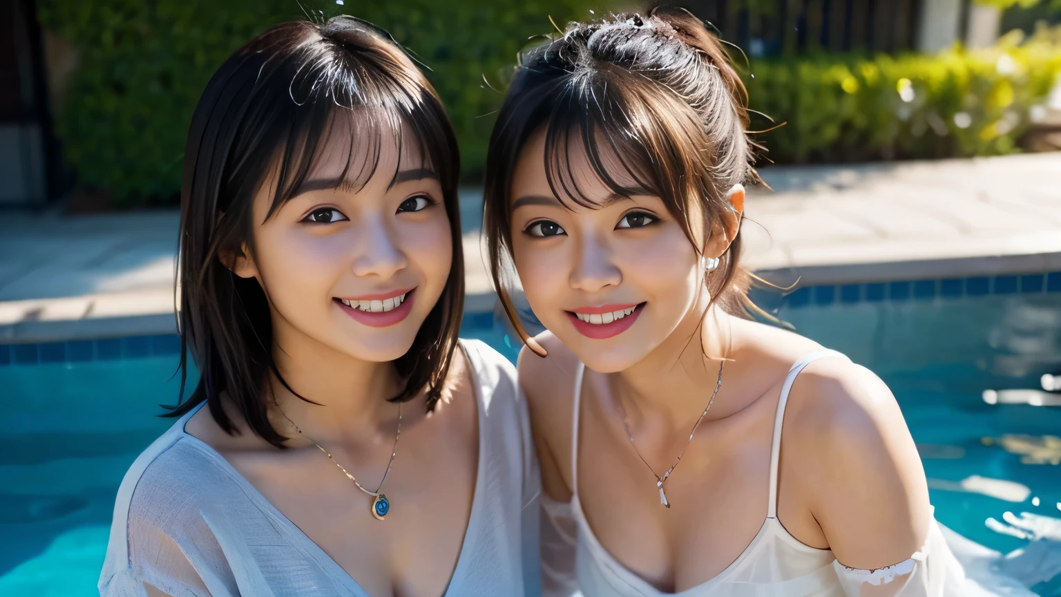 masterpiece, best quality, ultra-detailed, kawaii, cute, lovely, upper body, pool, 2girls, 2 cute girls, robe, beautiful hair, beautiful brown eyes, beautiful eyes, white-skinned, flat breast, tiny breast, necklace, smile, ashamed, ahegao, shiny-glistening, gleaming, lotion, wetted by water, cute smile, 上半身、マイクロビキニ、へそ、胸の谷間、