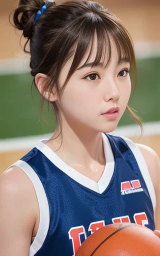 head shot,looking away,dribbling a basketball,,smile,sportswear for basketball, adorable, japanese girl, Hair brown hair,Braid, hair scrunchie, (high color saturation:1.0), highest quality, ultra high resolution, photo-realistic, Super detailed, 8K, RAW photo NSFW