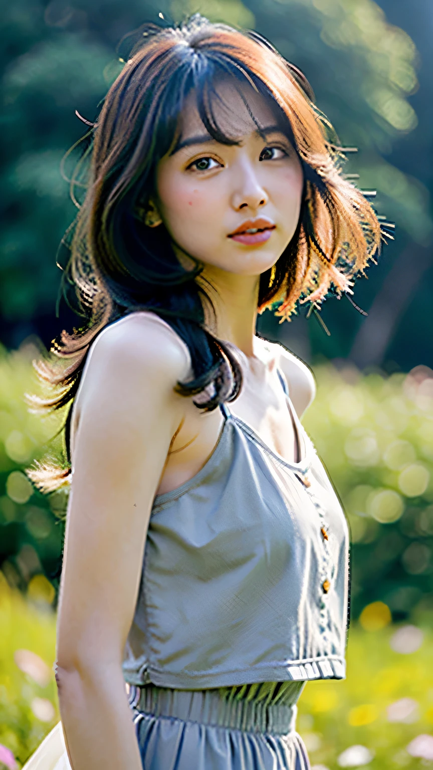 1 girl、whole body、(cowboy shot)、(masterpiece、最high quality、high quality)、bare shoulders、bare wrist、(colorful)、(delicate eyes and face)、ボリュームlight、ray tracing、bust shot、Highly detailed CG Unity 8K wallpaper、alone ((flying petals))、(Flower meadow) null、青null、Sunny、light、fantasy、It's windy、magic sparks、gray hair、outdoor、cityscape
