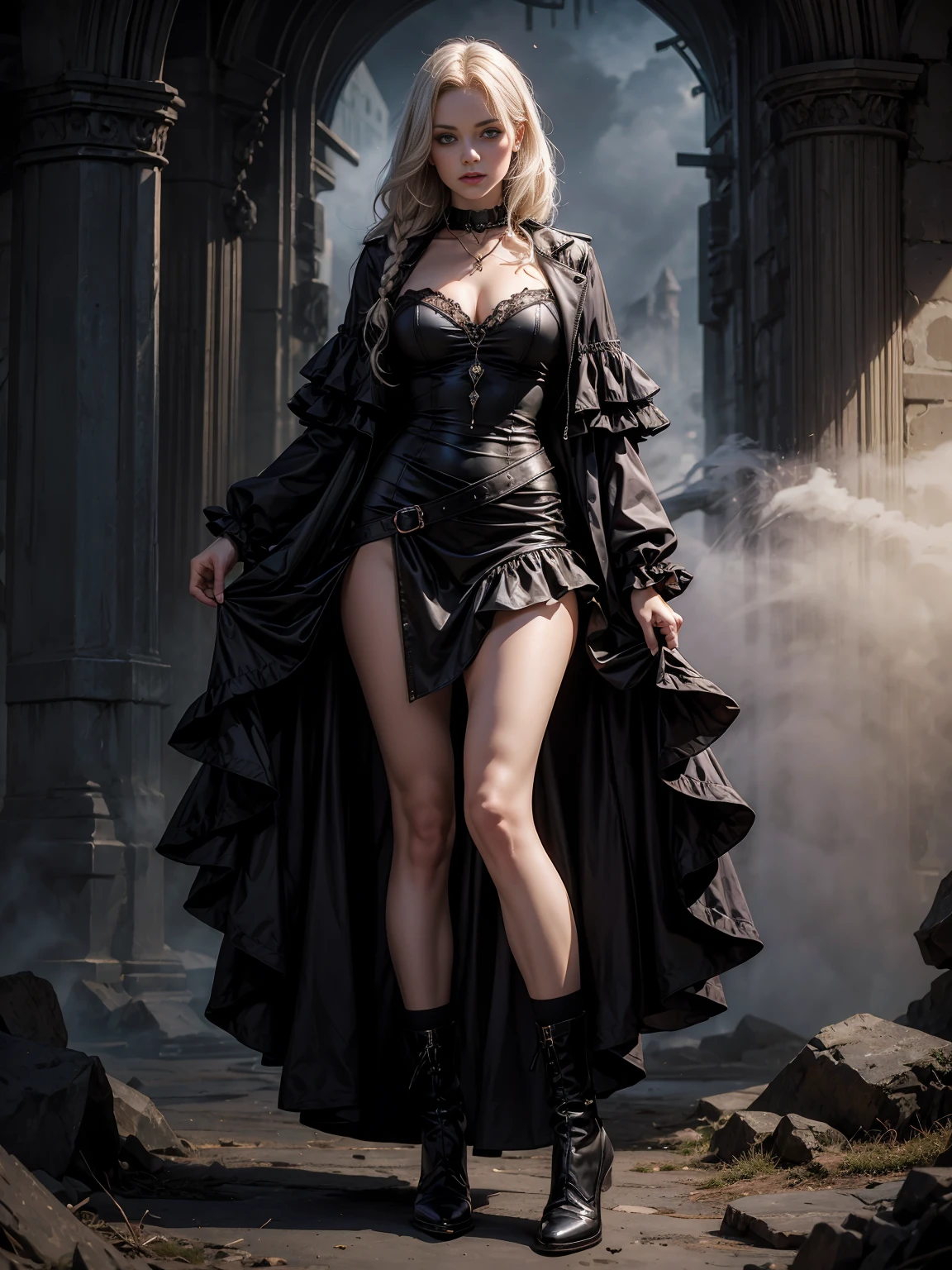 Frau in Gothic-Kleidung, schwarzes Haar, lila Spitzen, ((Ombre Haar)), Spitzenhalsband, (Korsett), Jacke, Lederhandschuhe, layered ruffle dress, Unterrock aus Spitze, kniehohe Stiefel, Socks, tapes, Full body,mystique, misty,Astral creature