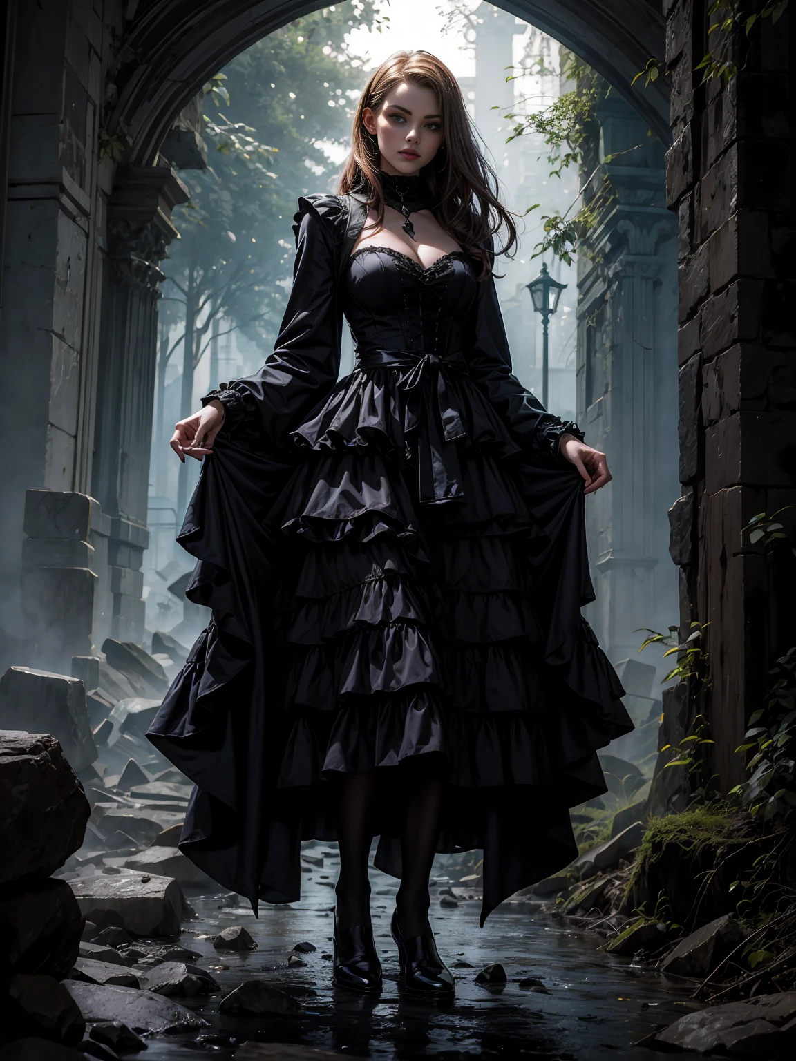 Frau in Gothic-Kleidung, schwarzes Haar, lila Spitzen, ((Ombre Haar)), Spitzenhalsband, (Korsett), Jacke, Lederhandschuhe, layered ruffle dress, Unterrock aus Spitze, kniehohe Stiefel, Socks, tapes, Full body,mystique, misty,Astral creature 