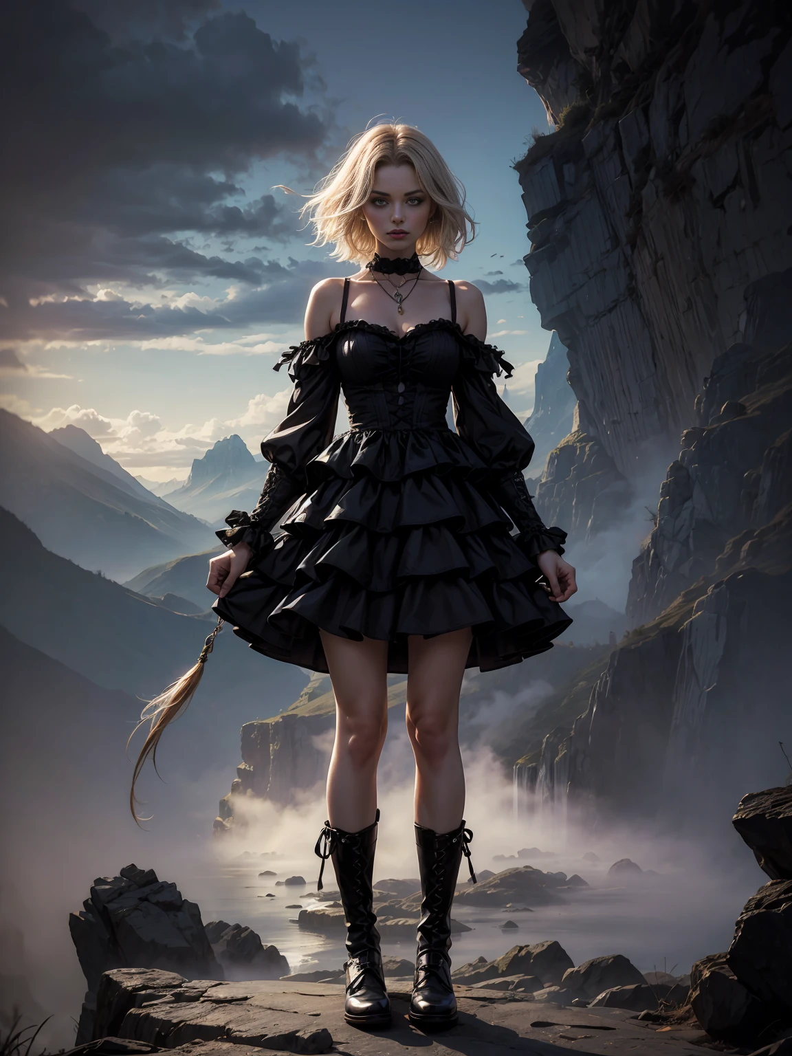 Frau in Gothic-Kleidung, schwarzes Haar, lila Spitzen, ((Ombre Haar)), Spitzenhalsband, (Korsett), Jacke, Lederhandschuhe, layered ruffle dress, Unterrock aus Spitze, kniehohe Stiefel, Socks, tapes, Full body,mystique, misty,Astral creature