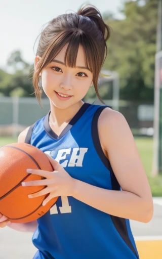 upper body,looking away,dribbling a basketball,,smile,sportswear for basketball, adorable, japanese girl, Hair brown hair,Braid, hair scrunchie, (high color saturation:1.0), highest quality, ultra high resolution, photo-realistic, Super detailed, 8K, RAW photo NSFW