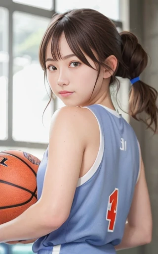 upper body,looking back,dribbling a basketball,,smile,sportswear for basketball, adorable, japanese girl, Hair brown hair,Braid, hair scrunchie, (high color saturation:1.0), highest quality, ultra high resolution, photo-realistic, Super detailed, 8K, RAW photo NSFW

