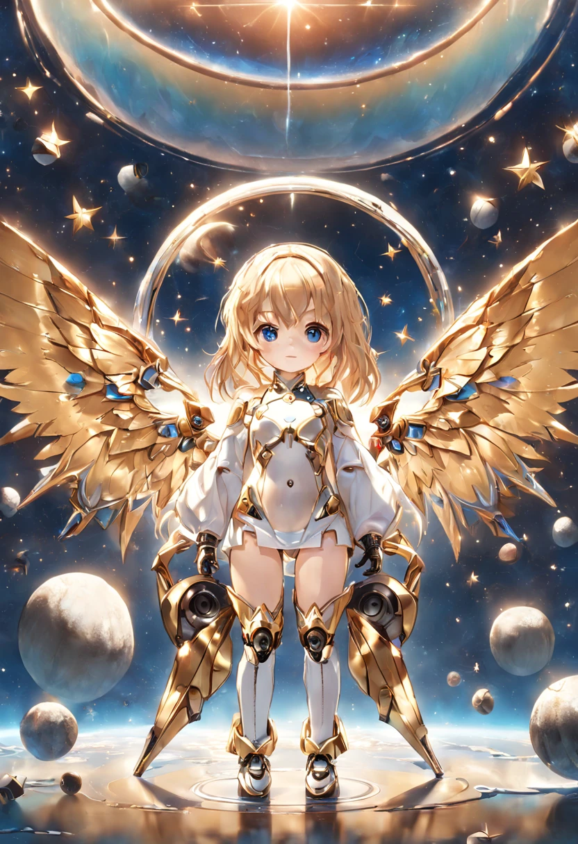 Ultra detailed full body image captured with a camera in 8k of a little cute blonde girl standing straight with 8k golden blonde hair, einer hohen stirn, big blue eyes in which the stars are reflected she has a mechanical body belly free in white and gold, mechanical arms in white and gold, mechanical legs in white and gold and mechanical angel wings in white and gold she wears one (tennis mini rock), Knee socks and a jet pack around them stretches the galaxy and shining stars 