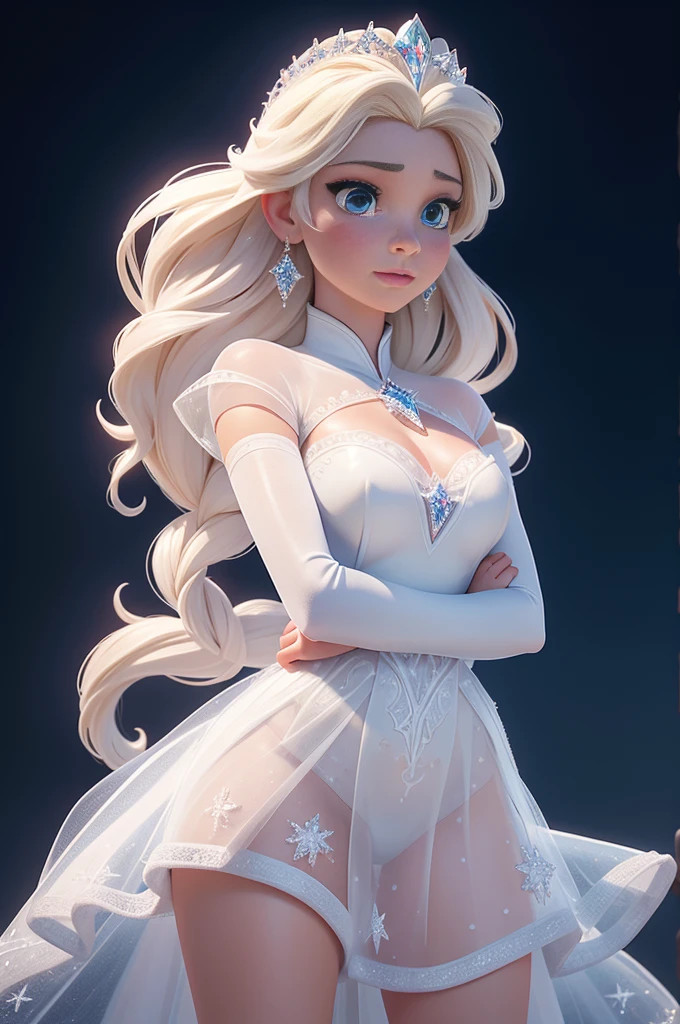 obra maestra, mejor calidad, 1 chica, princesa Elsa, Congelado, pecho exagerado, pezones visibles debajo de la camisa, con corona y vestido largo transparente con brillo de diamantes y copos de nieve, medias con tirante, en la nieve
