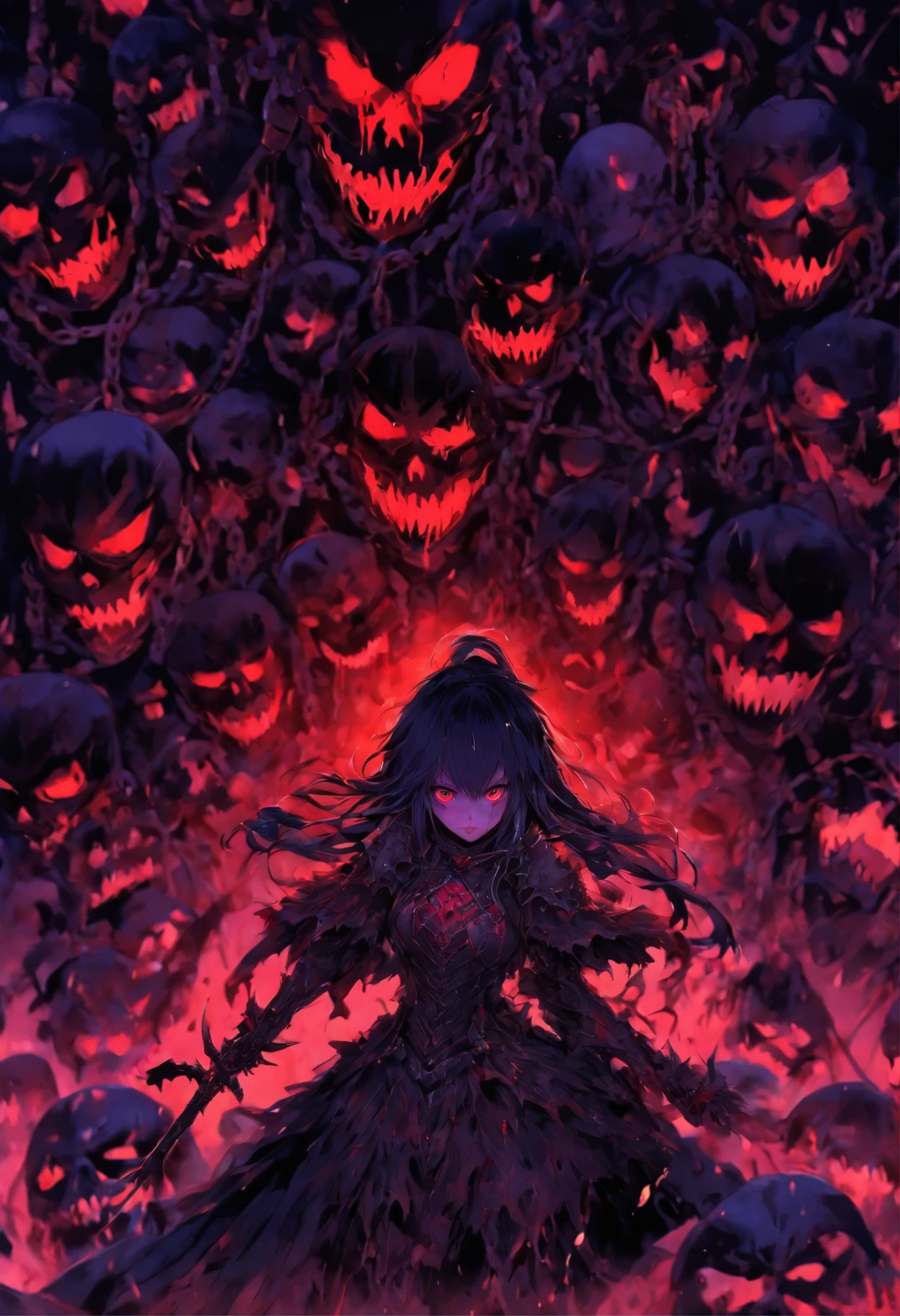 ((horror girl)), (blood big armor, (lots of chains),