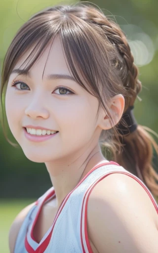 face close-up,looking away,dribbling a basketball,,smile,sportswear for basketball, adorable, japanese girl, Hair brown hair,Braid, hair scrunchie, (high color saturation:1.0), highest quality, ultra high resolution, photo-realistic, Super detailed, 8K, RAW photo NSFW


