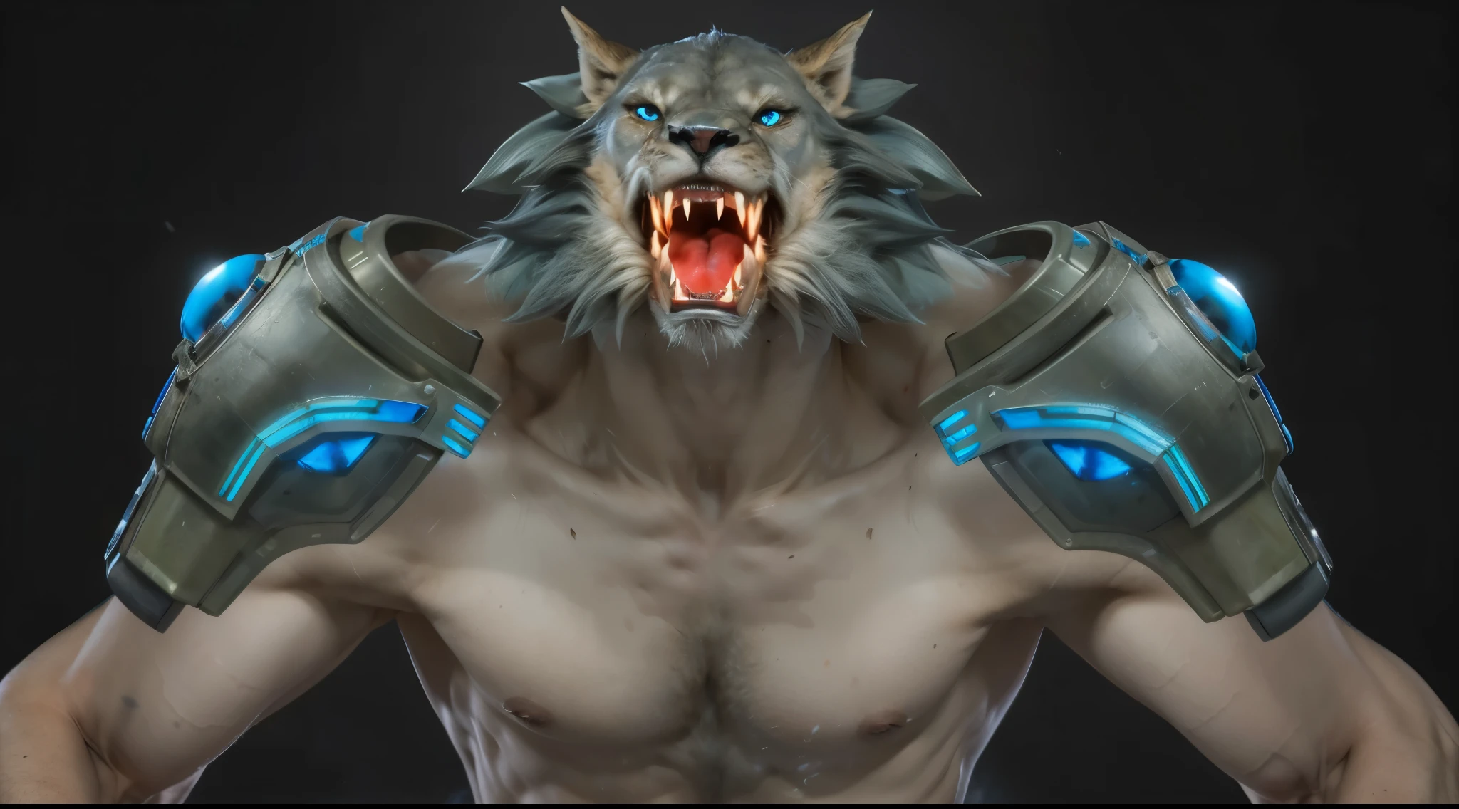 (masterpiece),(best quality:1.0),(ultra high resolution:1.0),monster, werewolf, menacing look,claws, blue eyes , lion's mane, hair on the body, wolfteam, face focus, 8k wallpaper, full body