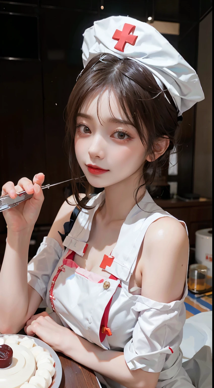 A beautiful woman dressed in a neat nurse uniform。White uniforms give off a sense of cleanliness、The red cross symbolizes vigor and passion.。black hair neatly tied up、The nurse's cap expresses the elegance of the profession.。Deep eyes reflect compassion for patients、Smiling lips convey a sense of security and kindness.。Her attitude is full of professionalism、Nurse uniforms emphasize her sense of mission and responsibility.。