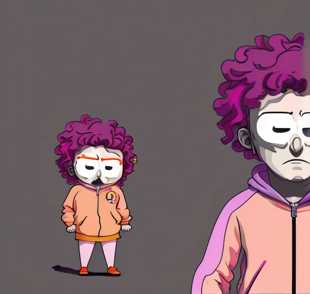 Cartman's Bad Guy, Dark Pink Hair, medium hair, curly hair, hair over one eye, Orange Tracksuit, Surrealism, UHD, 16k