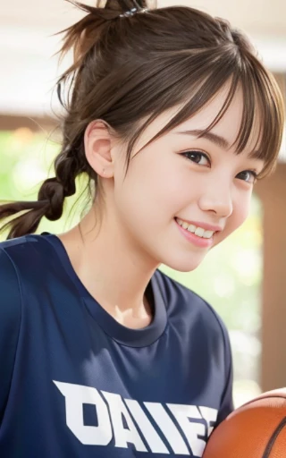 face close-up,looking side,dribbling a basketball,,smile,sportswear for basketball, adorable, japanese girl, Hair brown hair,Braid, hair scrunchie, (high color saturation:1.0), highest quality, ultra high resolution, photo-realistic, Super detailed, 8K, RAW photo NSFW

