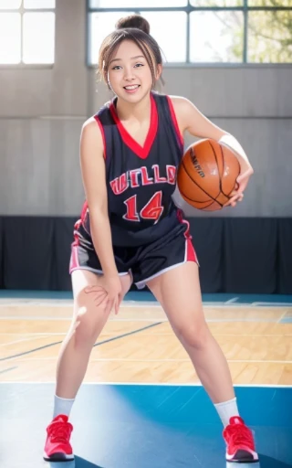 full body,looking away,dribbling a basketball,,smile,sportswear for basketball, adorable, japanese girl, Hair brown hair,Braid, hair scrunchie, (high color saturation:1.0), highest quality, ultra high resolution, photo-realistic, Super detailed, 8K, RAW photo NSFW

