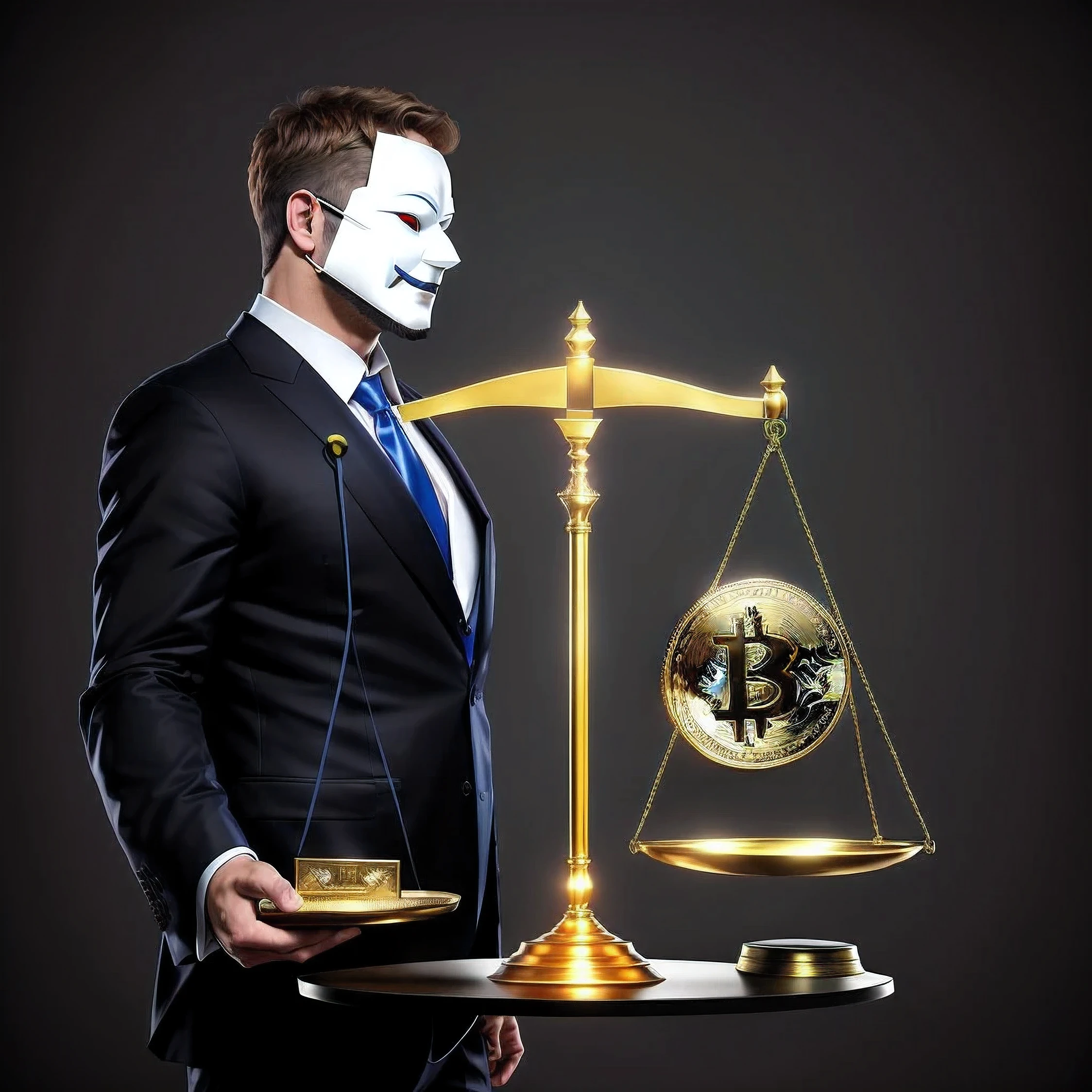 a man in a suit and mask holding a scale with a bitcoin on it, bitcoin evil, satoshi, typical cryptocurrency nerd, crypto valut, cryptocurrency, bitcoin, 🔞🤡, personification of greed, crypto, black scales and cyborg tech, anonymous, vitalik buterin, b, anonymous mask, coin of secret society, high-contrast