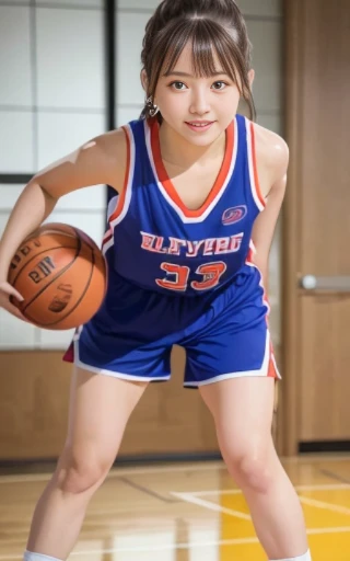 Young girl playing basketball,big blue eyes