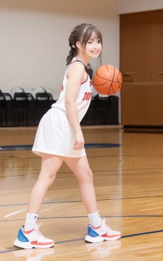 full body,looking side,dribbling a basketball,,smile,sportswear for basketball, adorable, japanese girl, Hair brown hair,Braid, hair scrunchie, (high color saturation:1.0), highest quality, ultra high resolution, photo-realistic, Super detailed, 8K, RAW photo NSFW
