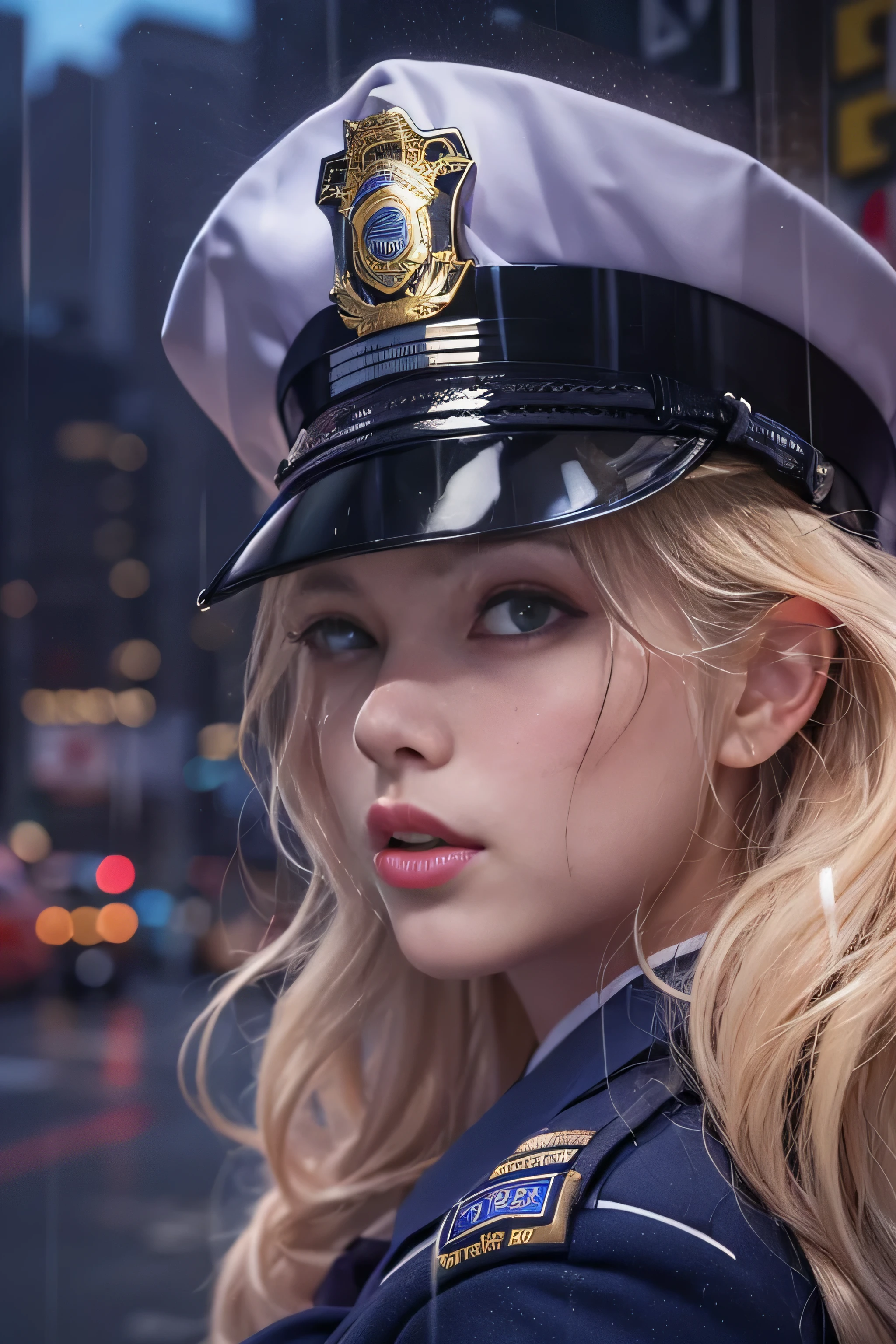 1 female、(american beauty:1.2)、(alone)、(super beautiful)、(beautiful face:1.5)、(detailed face:1.5)、(lipstick:1.1)、(eyeliner:1.2)、mascara、eye shadow、sex appeal、blue eyes、(blonde hair)、wavy hair、asymmetrical bangs、(new york police uniform:1.5)、(wear a uniform jacket:1.5)、(that'it's raining:1.2)、street at night、Backlight、(medium shot:1.3)