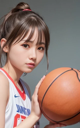 head shot,looking away,dribbling a basketball,,smile,sportswear for basketball, adorable, japanese girl, Hair brown hair,Braid, hair scrunchie, (high color saturation:1.0), highest quality, ultra high resolution, photo-realistic, Super detailed, 8K, RAW photo NSFW