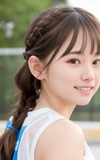 head shot,looking back,dribbling a basketball,,smile,sportswear for basketball, adorable, japanese girl, Hair brown hair,Braid, hair scrunchie, (high color saturation:1.0), highest quality, ultra high resolution, photo-realistic, Super detailed, 8K, RAW photo NSFW