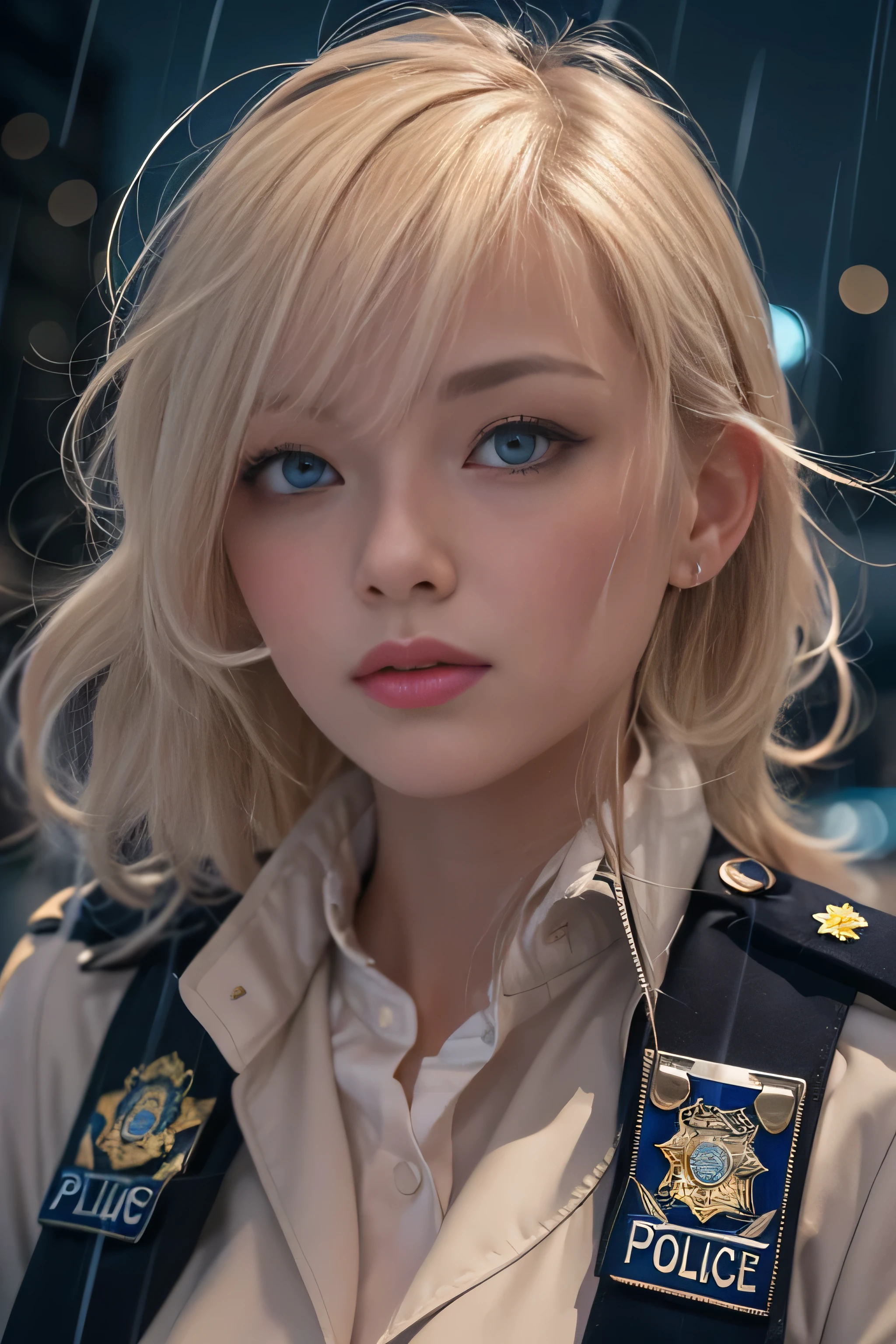 1 female、(american beauty:1.2)、(alone)、(super beautiful)、(beautiful face:1.5)、(detailed face:1.5)、(lipstick:1.1)、(eyeliner:1.2)、mascara、eye shadow、sex appeal、blue eyes、(blonde hair)、wavy hair、asymmetrical bangs、(new york police uniform:1.5)、(wear a uniform jacket:1.5)、(that&#39;it&#39;s raining:1.2)、street at night、Backlight、(medium shot:1.3)