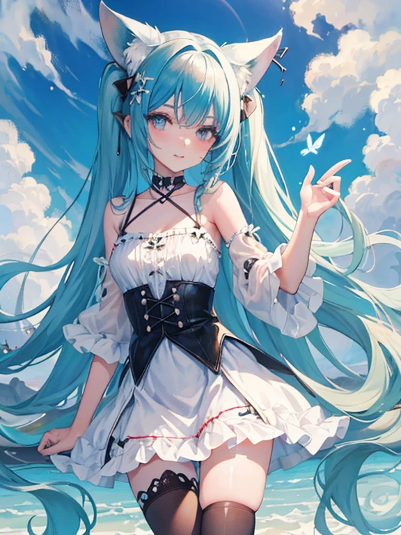 (((anime-style cute face)))、(((20-year-old woman))),(((Light blue twin tails have a lot of hair))),Highest quality, ((Sharp details)), (8k, RAW Photos, Highest quality, masterpiece), (looking at the camera),((((Cute Smile))))、Very big eyes、Sparkling eyes、(anatomically correct body)、Big thighs、The face is bright、Professional Lighting、Cute little breasts、Shiny white collar、((Shiny white bikini))、(Shiny white long arm covers)、(Transparent frill mini skirt:1.8)、(Shiny black long patent leather boots)、Stadium、Lots of spotlights、Full body view、The frilly hair accessory is cute、Race Queen Pose、Alluring、