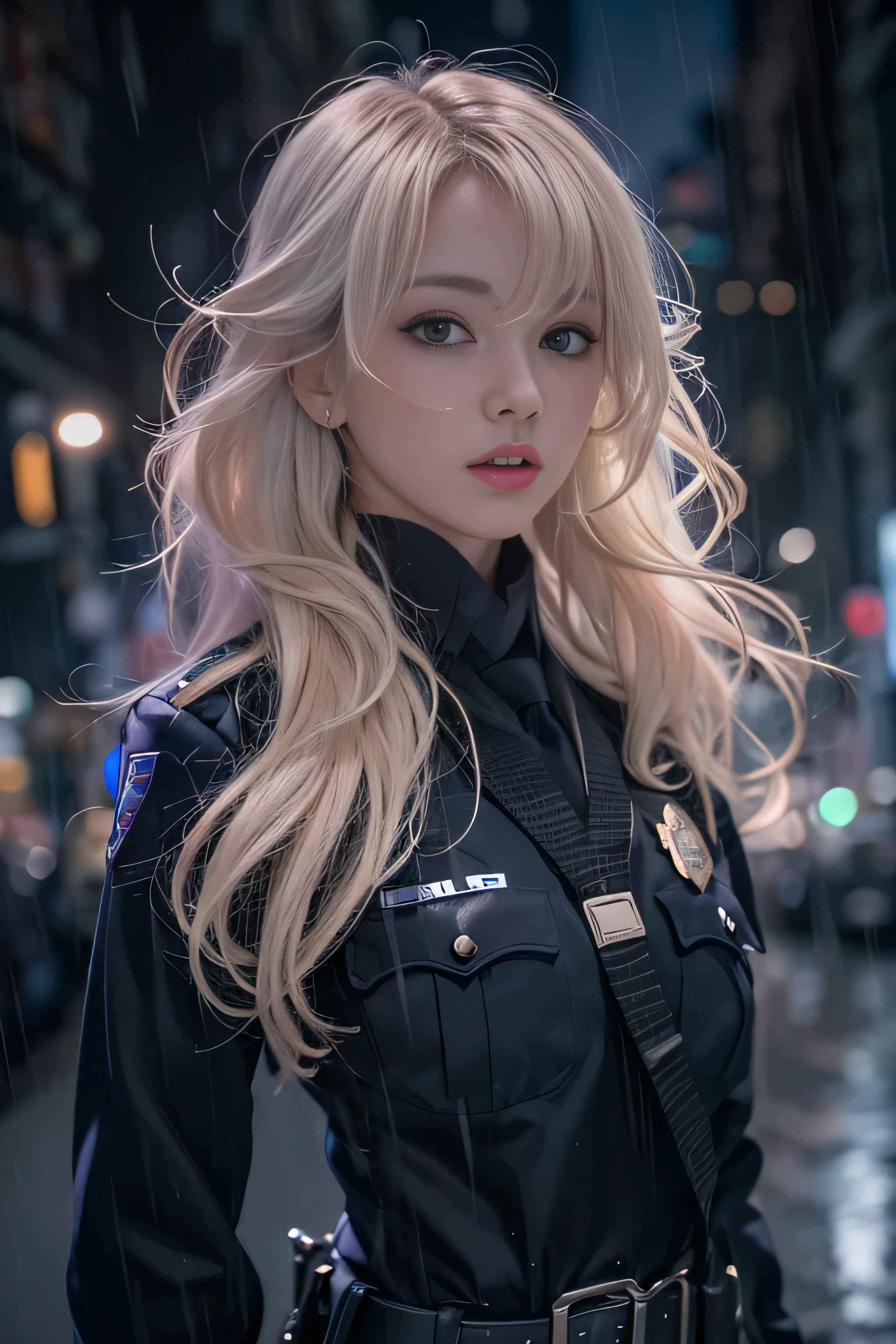 1 female、(american beauty:1.2)、(alone)、(super beautiful)、(beautiful face:1.5)、(detailed face:1.5)、(lipstick:1.1)、(eyeliner:1.2)、mascara、eye shadow、sex appeal、blue eyes、(blonde hair)、wavy hair、asymmetrical bangs、(new york police uniform:1.5)、(wear a uniform jacket:1.5)、(that'It's snowing:1.2)、street at night、Backlight、(medium shot:1.3)