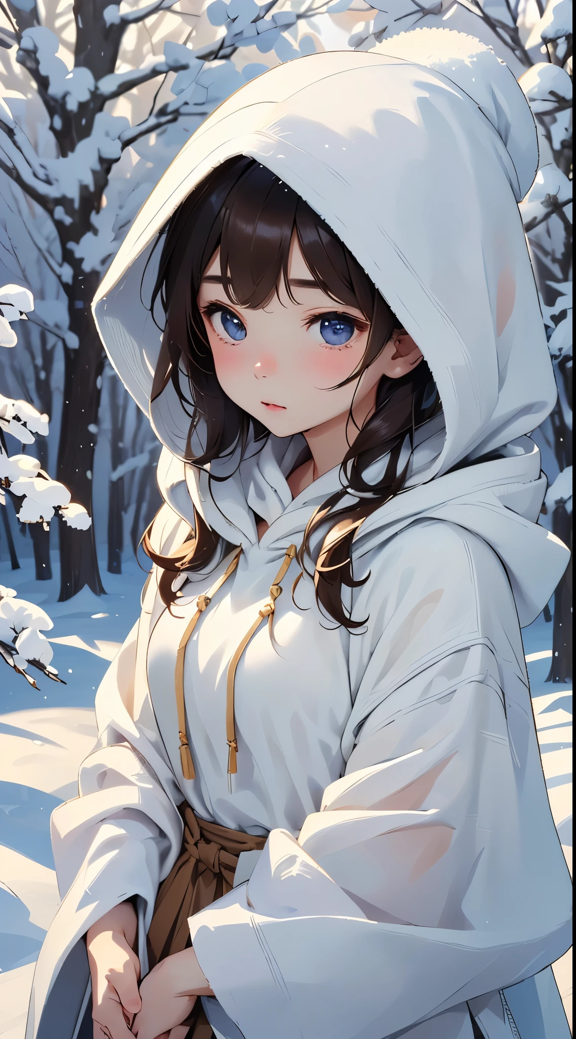 Winters、rhyme、Yuki、kou、Frozen World、a white world、One lady、33yo、Bewitching good looks、eroticism、parfect anatomy、Correct human body、Brown hair、Layered Haircut、short wavy hair、Woman with cute face、Perfect good looks、Natural color poncho style hoodie、Wearing a hood、Silence、white walls、rhyme、a white world、Simplified background、natural soft light、raw、Photorealsitic、top-quality、Real Stick、hiquality、high-level image quality、Random Poses